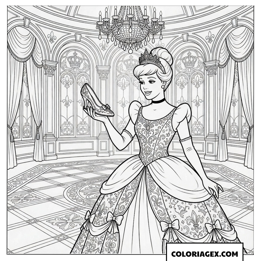 Dessin de Cendrillon tenant sa pantoufle de verre dans la grande salle
