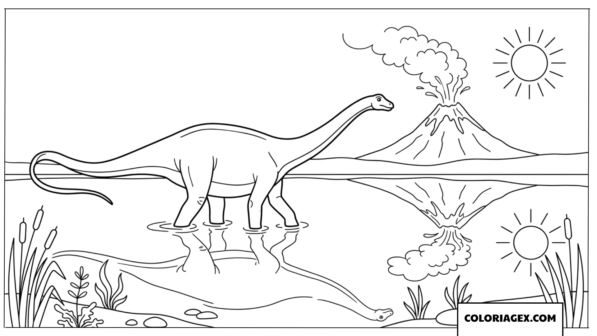 Dessin de Diplodocus et son reflet dans l eau du lac