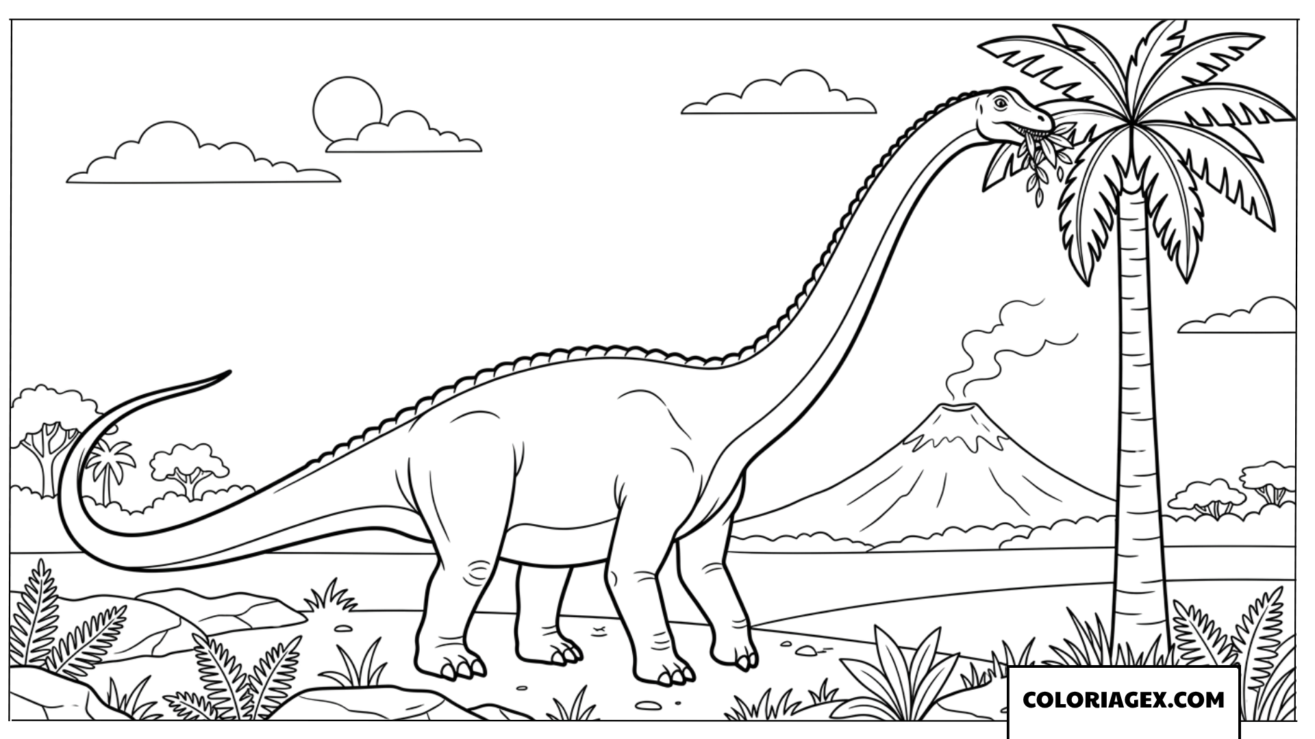Dessin de Diplodocus mangeant des feuilles de palmier