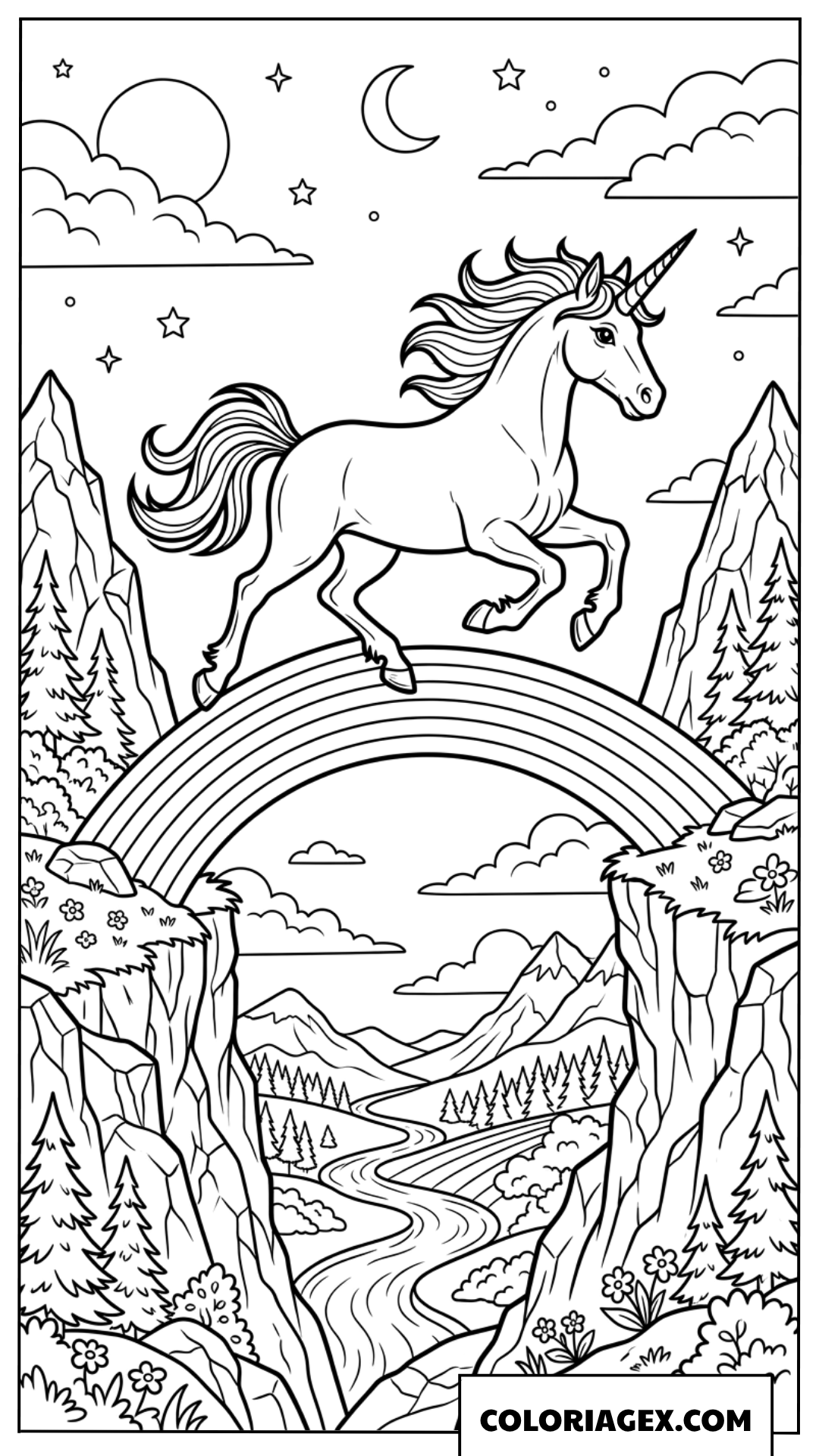 Dessin de Licorne galopant sur un arc-en-ciel entre les montagnes