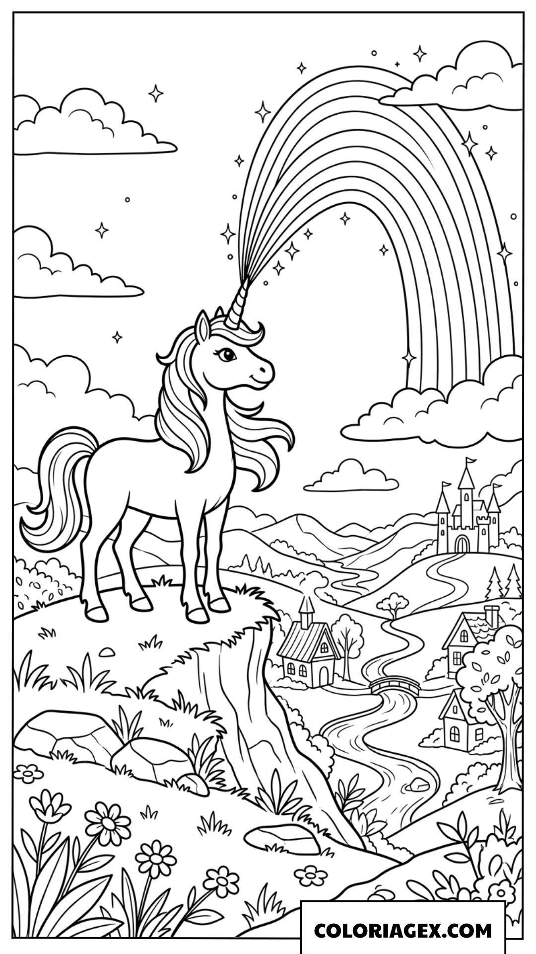 Dessin de Licorne sur une falaise avec arc-en-ciel à colorier