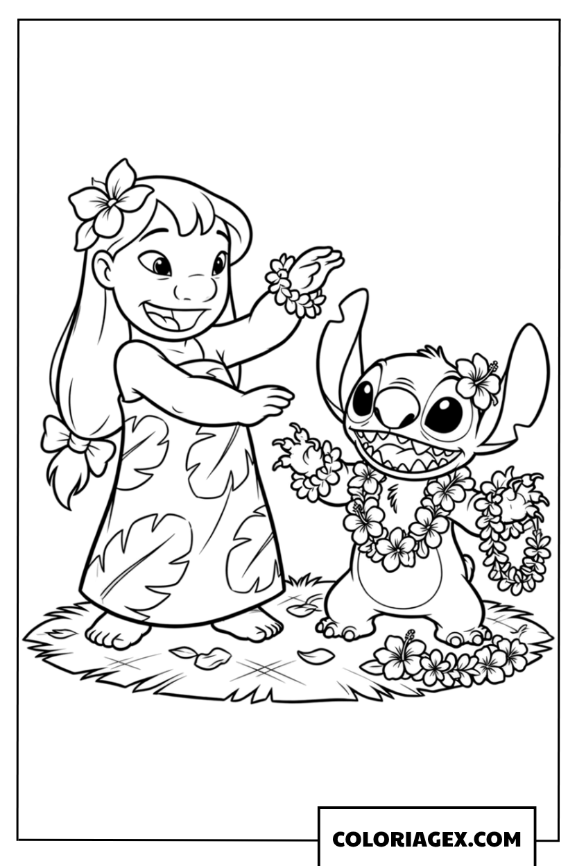 Dessin de Lilo et Stitch dansant la Hula traditionnelle