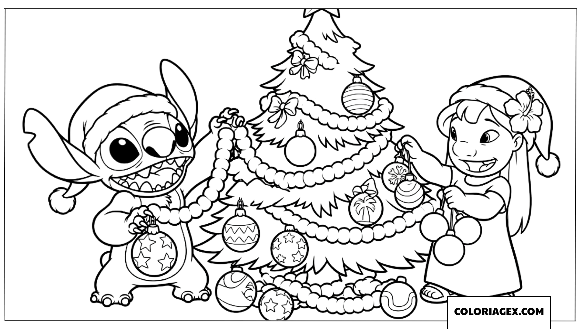 Dessin de Lilo et Stitch décorant le sapin de Noël ensemble