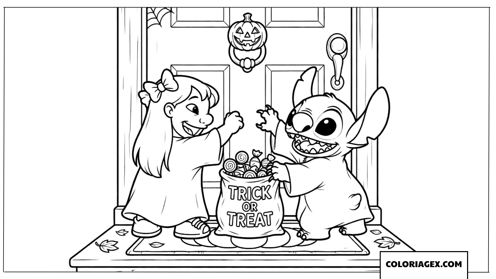 Dessin de Lilo et Stitch fêtant Halloween avec des bonbons