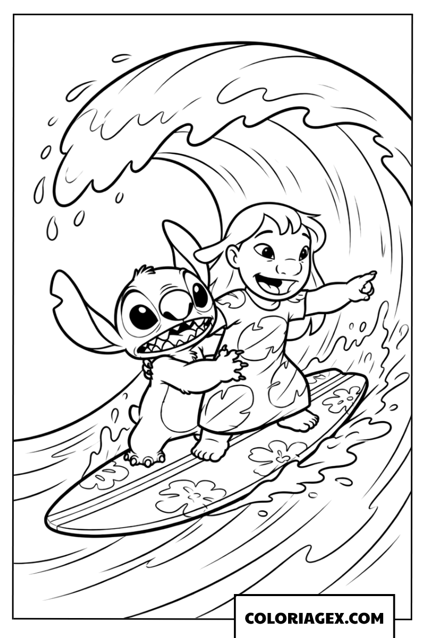 Dessin de Lilo et Stitch surfant sur une vague géante