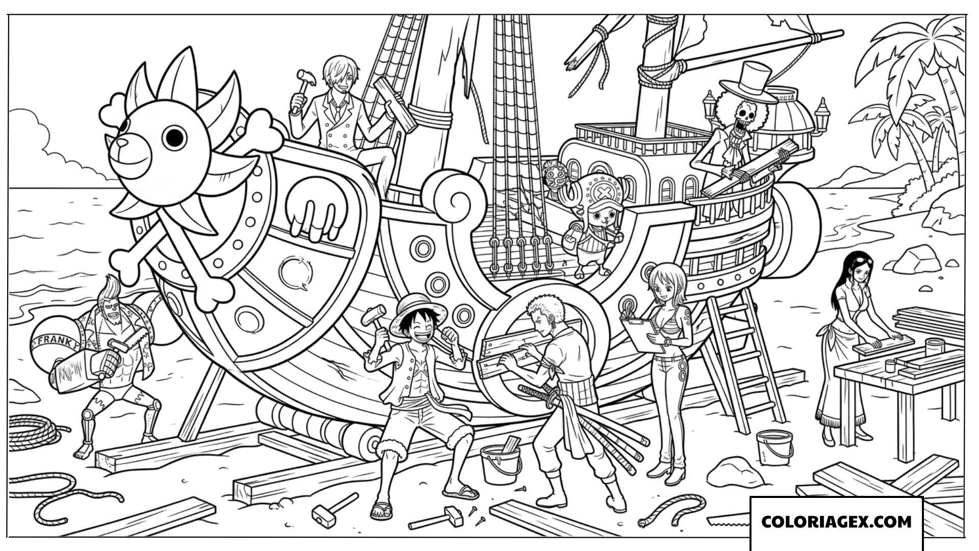 Dessin de Luffy, Zoro et l'équipage réparant ensemble le Sunny