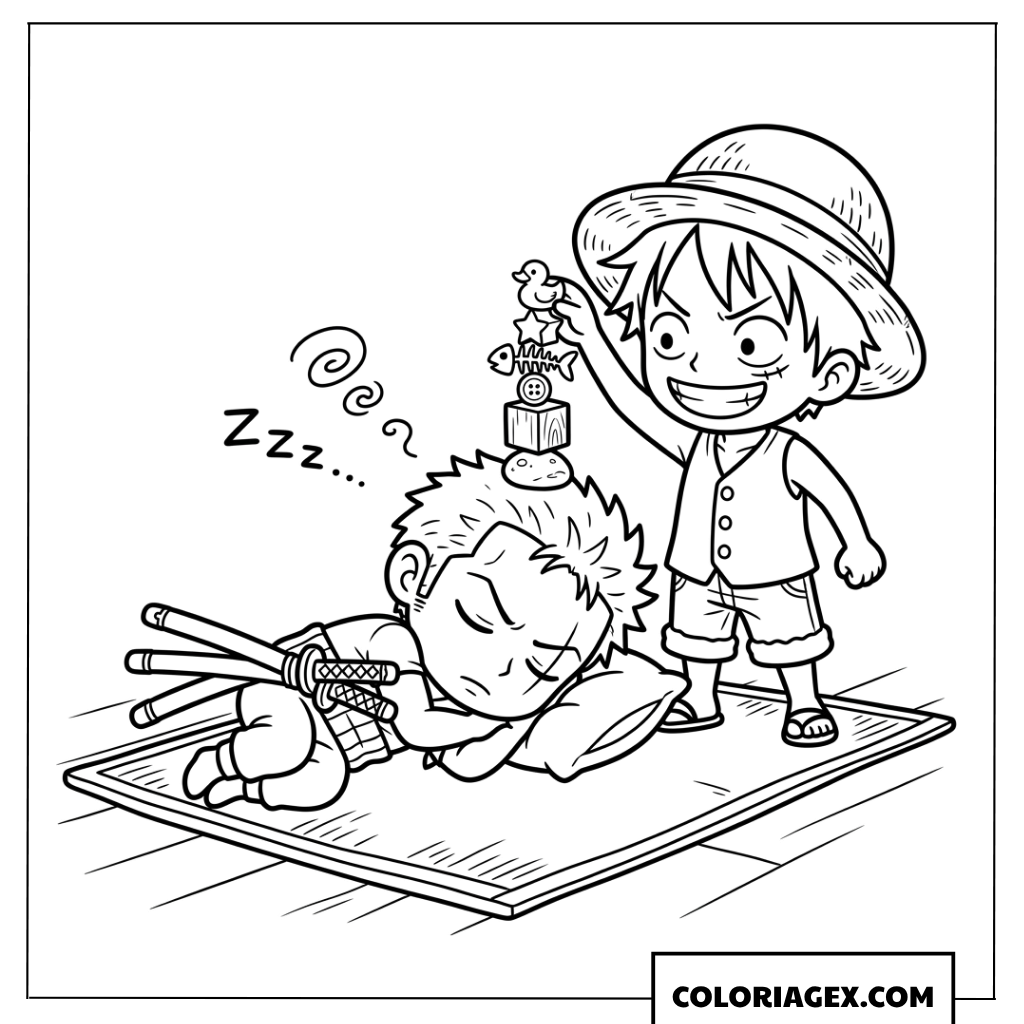 Dessin de Luffy chibi espiègle pendant que Zoro dort