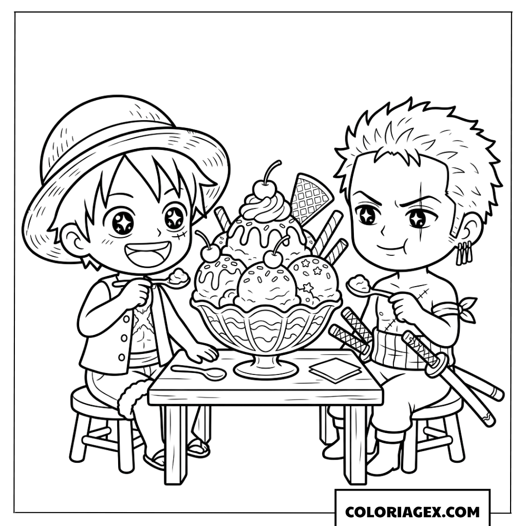 Dessin de Luffy et Zoro chibi mangeant une glace géante
