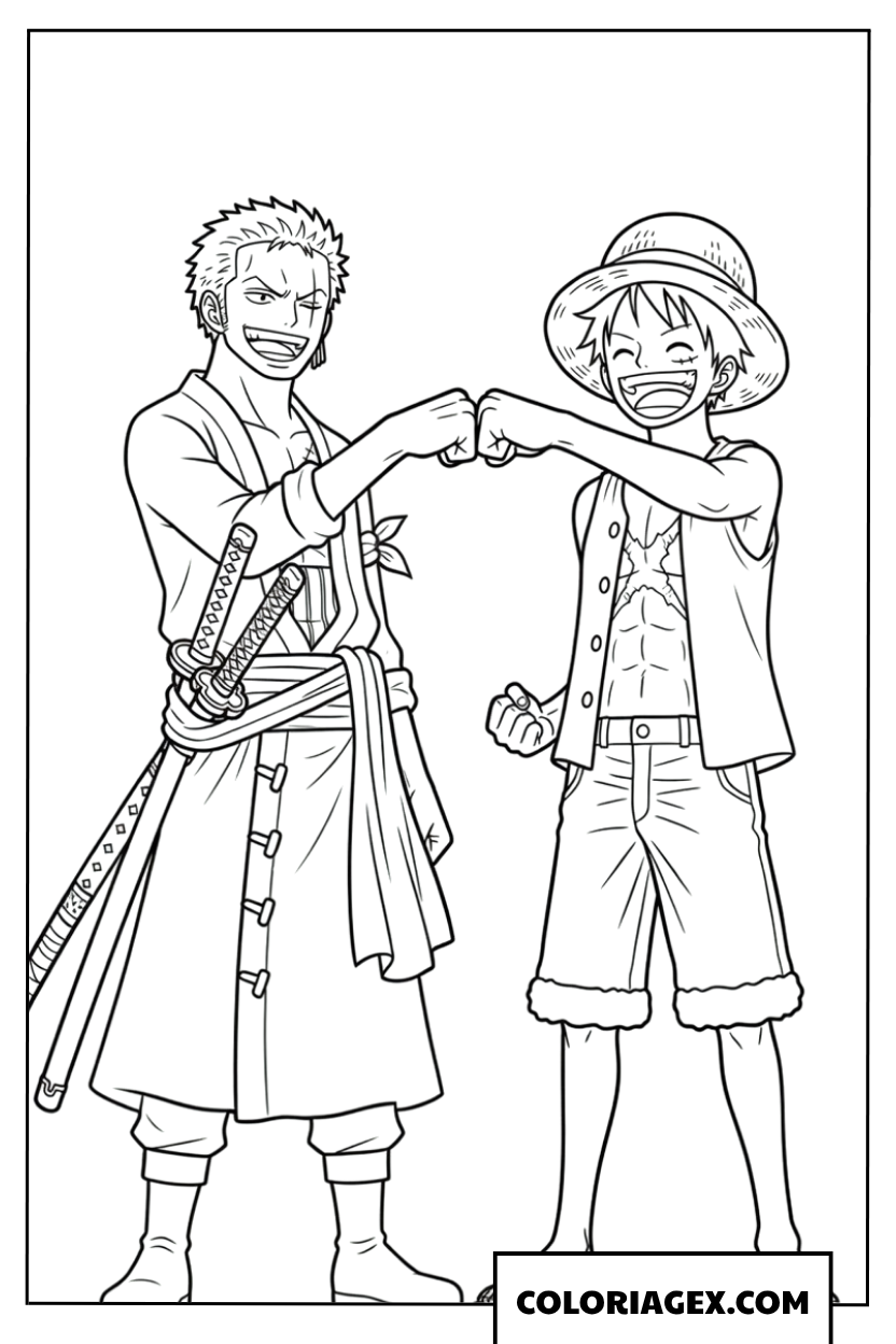 Dessin de Luffy et Zoro faisant un check de camaraderie