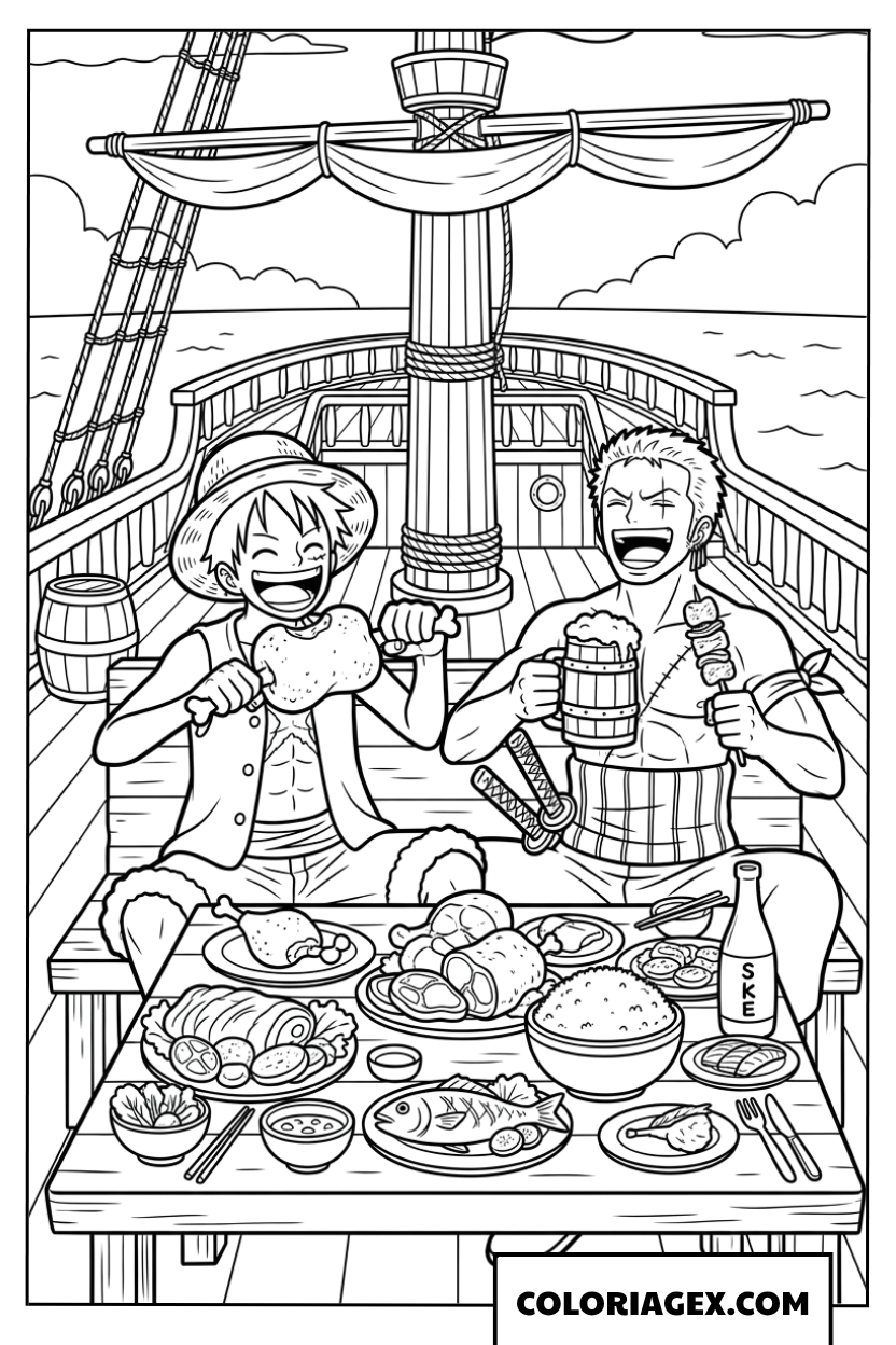 Dessin de Luffy et Zoro partageant un repas joyeux sur le navire