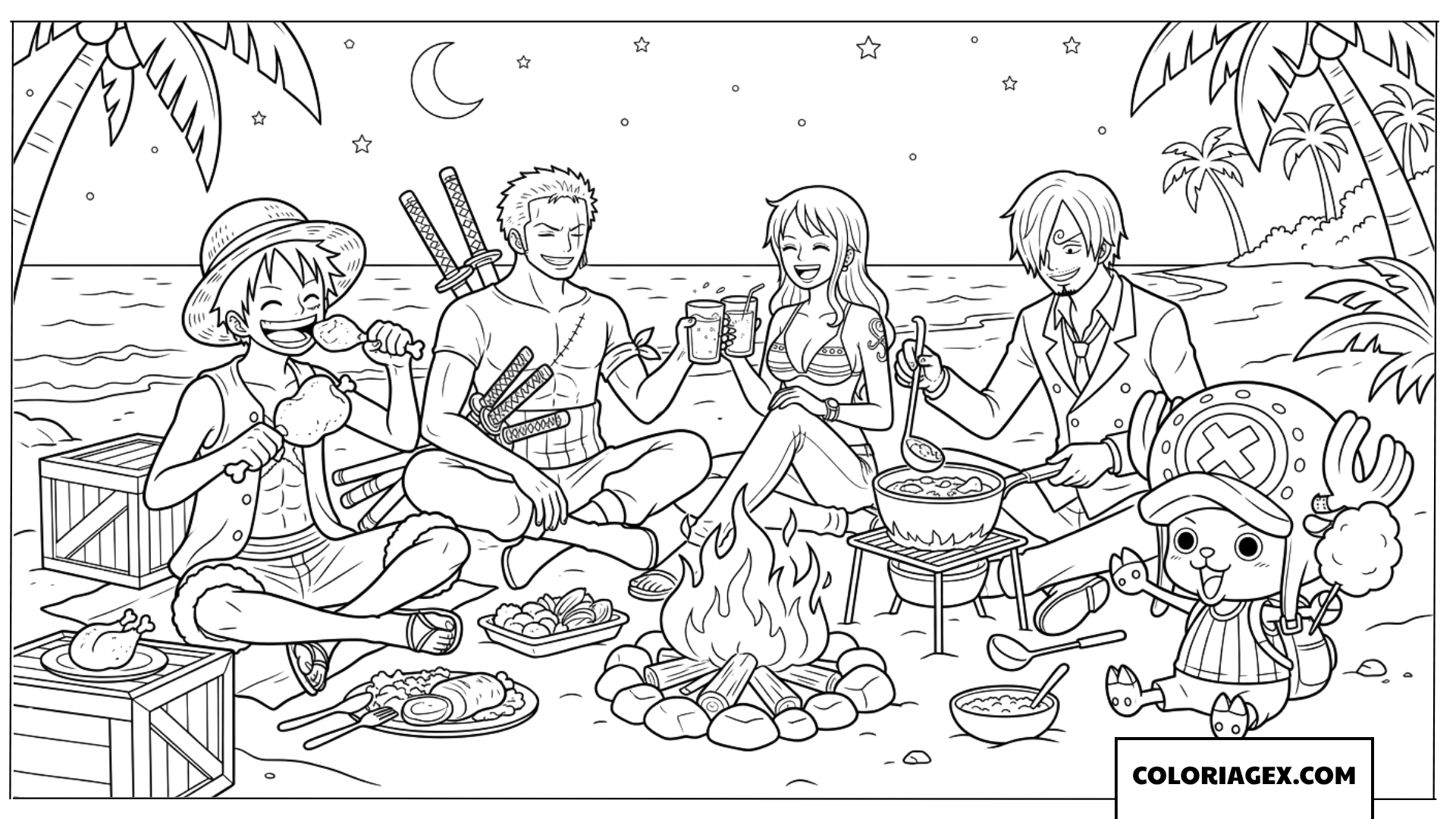 Dessin de Luffy et ses amis profitant d'un barbecue sur l'île