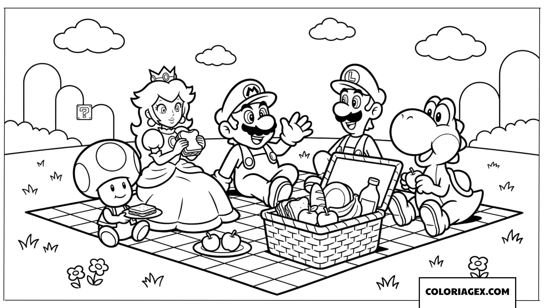 Dessin de Mario Peach et leurs amis lors d un pique nique a colorier