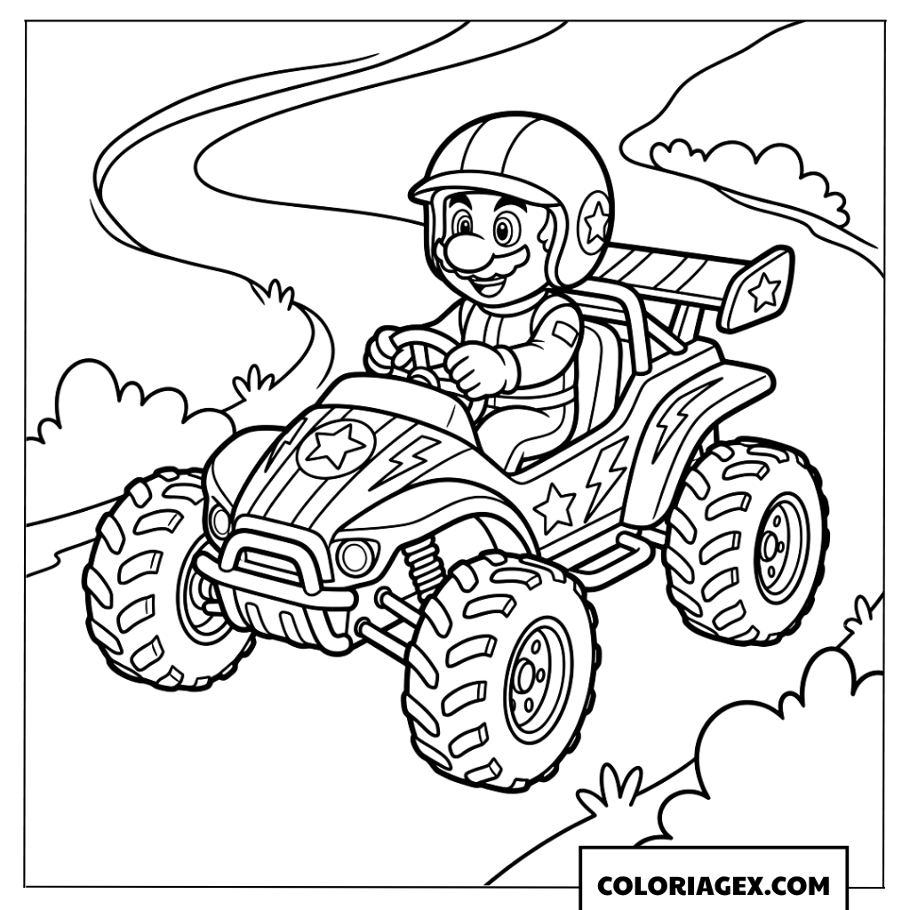 Dessin de Mario avec un casque sur un kart tout terrain