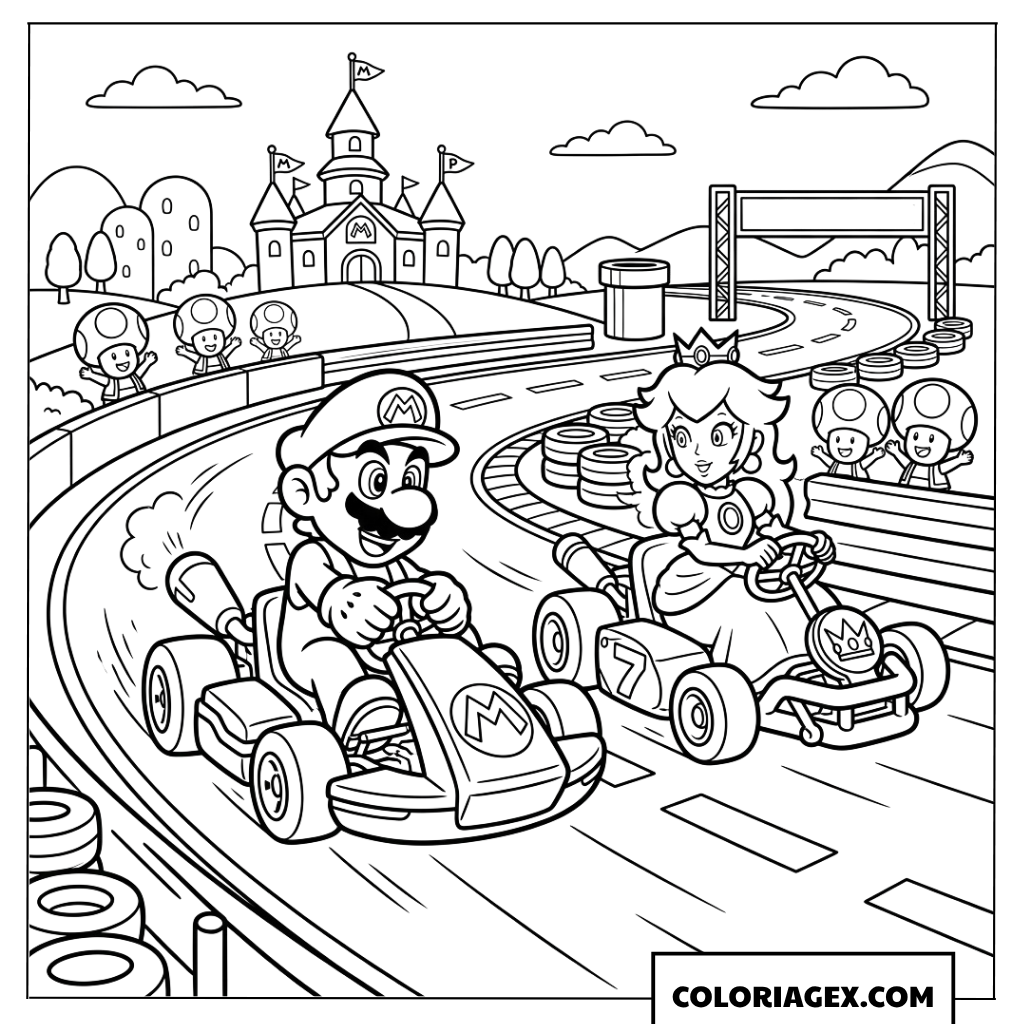 Dessin de Mario et Peach en course de kart vers la ligne d arrivee