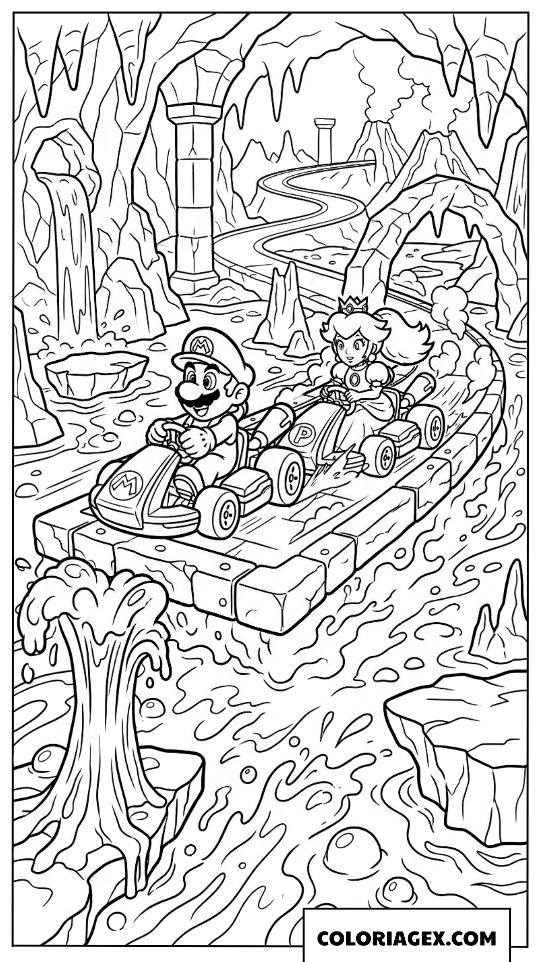 Dessin de Mario et Peach en pleine course de karting dans une grotte