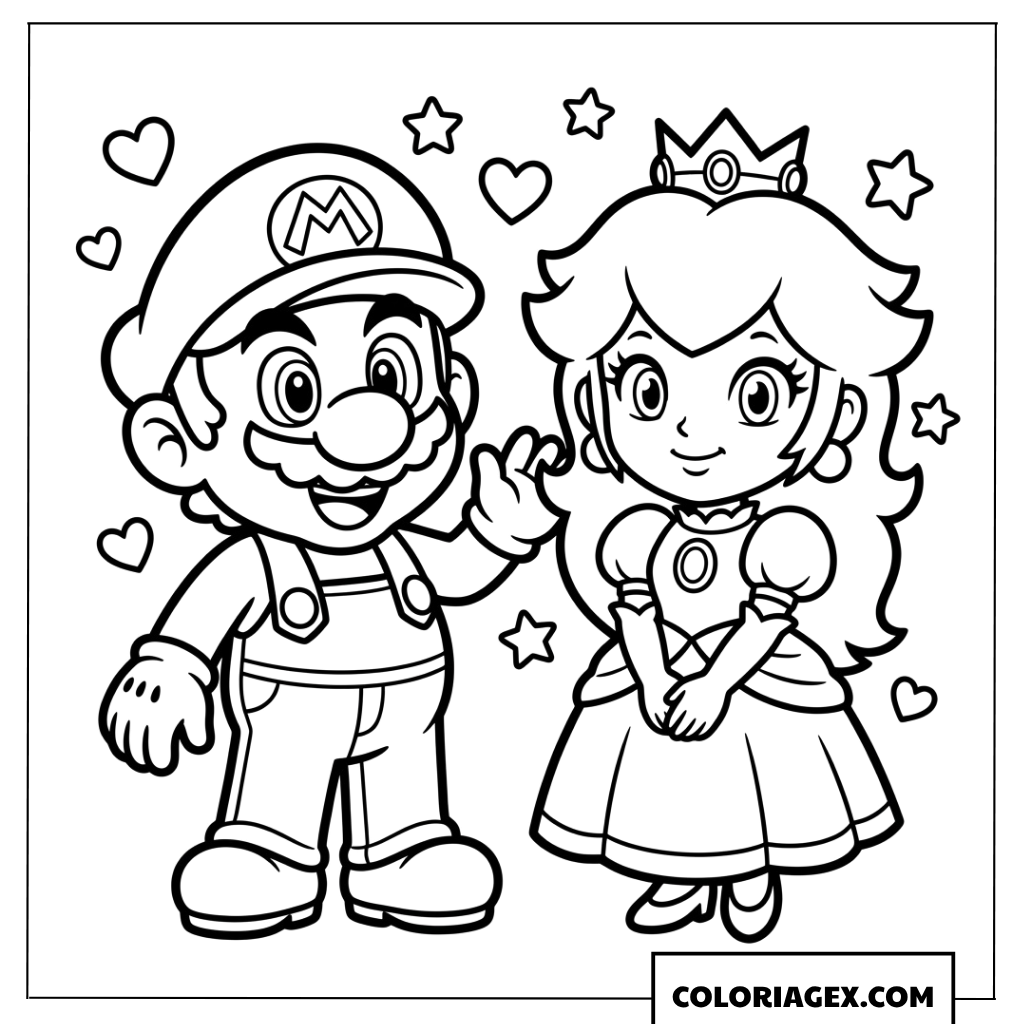 Dessin de Mario et Peach en version chibi adorable a colorier