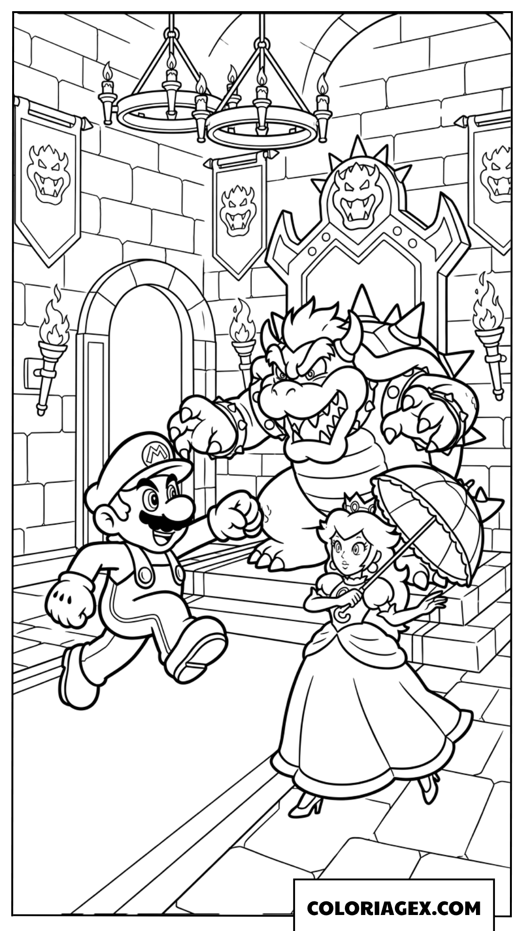 Dessin de Mario et Peach face au mechant Bowser dans son chateau