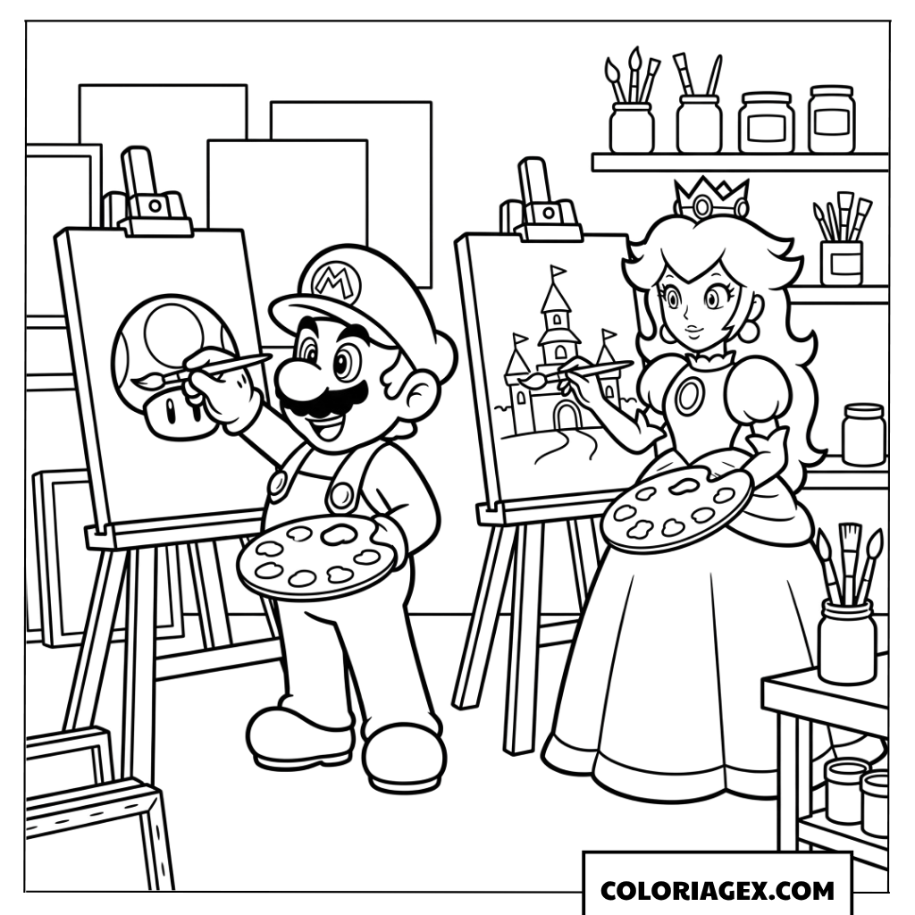 Dessin de Mario et Peach jouant aux artistes peintres a colorier