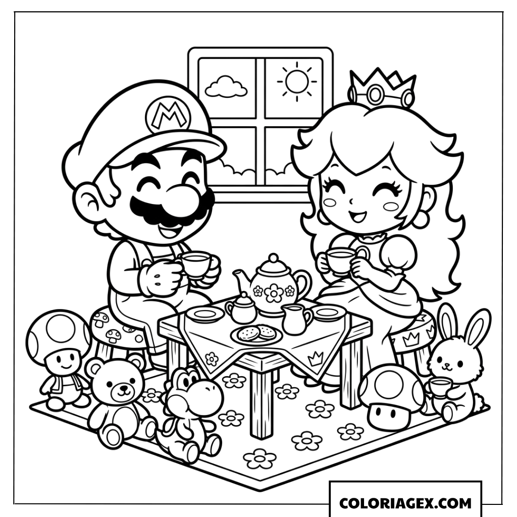 Dessin de Mario et Peach prenant le the avec des peluches a colorier