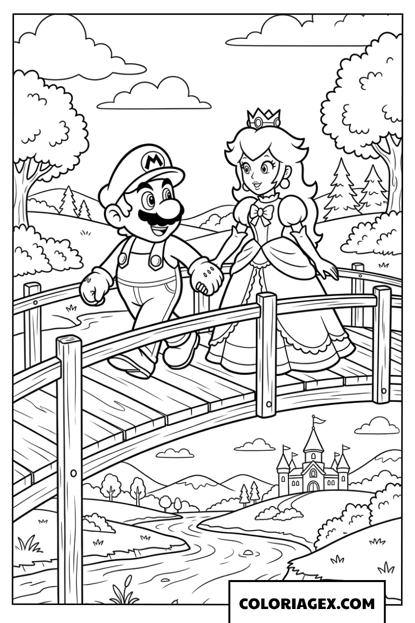 Dessin de Mario et Peach se tenant la main sur un pont en bois a colorier