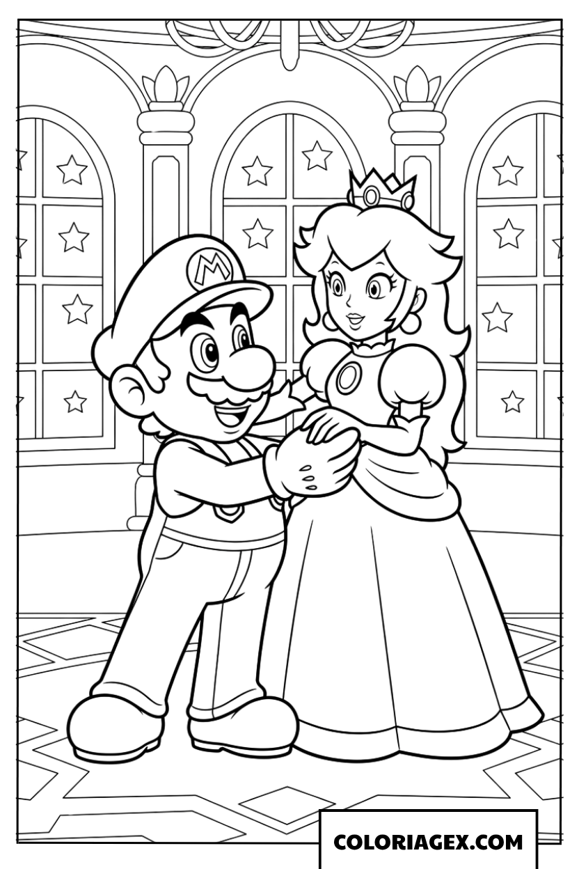 Dessin de Mario et la Princesse Peach qui dansent dans le palais royal a colorier
