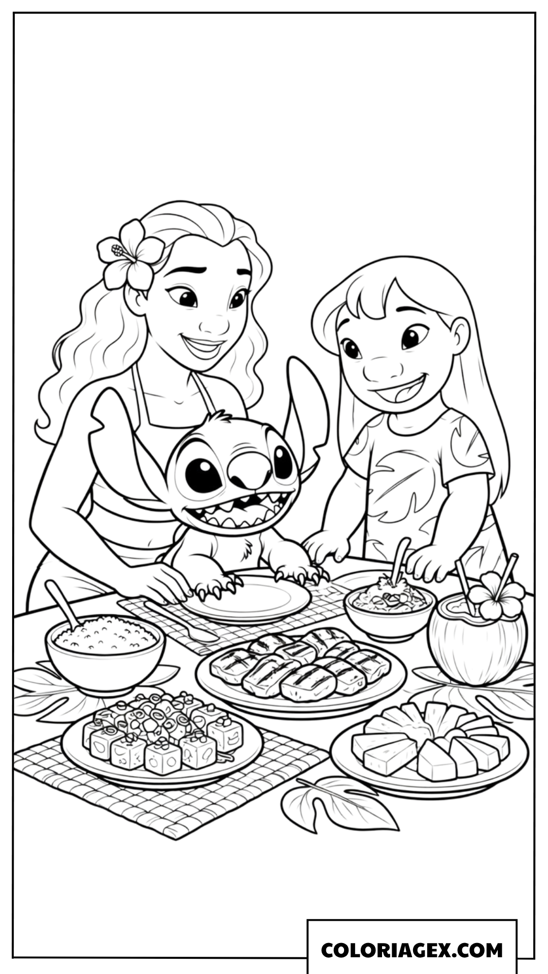 Dessin de Nani Lilo et Stitch autour d'un festin hawaïen