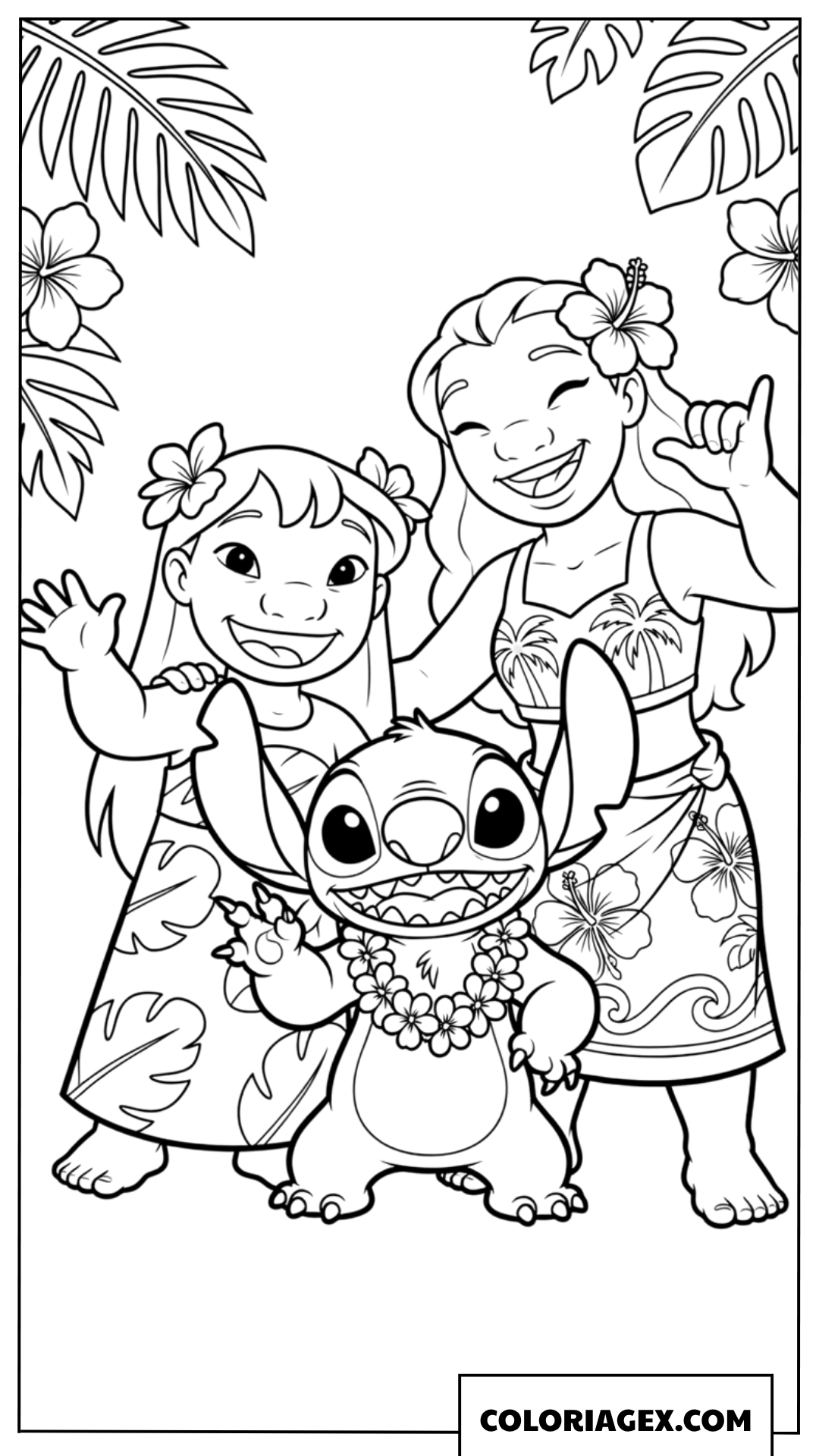 Dessin de Nani Lilo et Stitch avec des colliers de fleurs Hula
