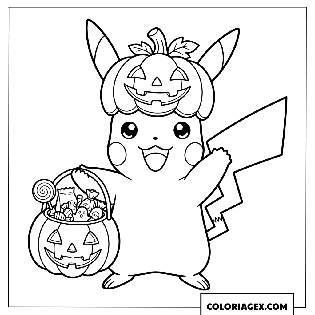 Dessin de Pikachu avec un seau de bonbons et un chapeau citrouille