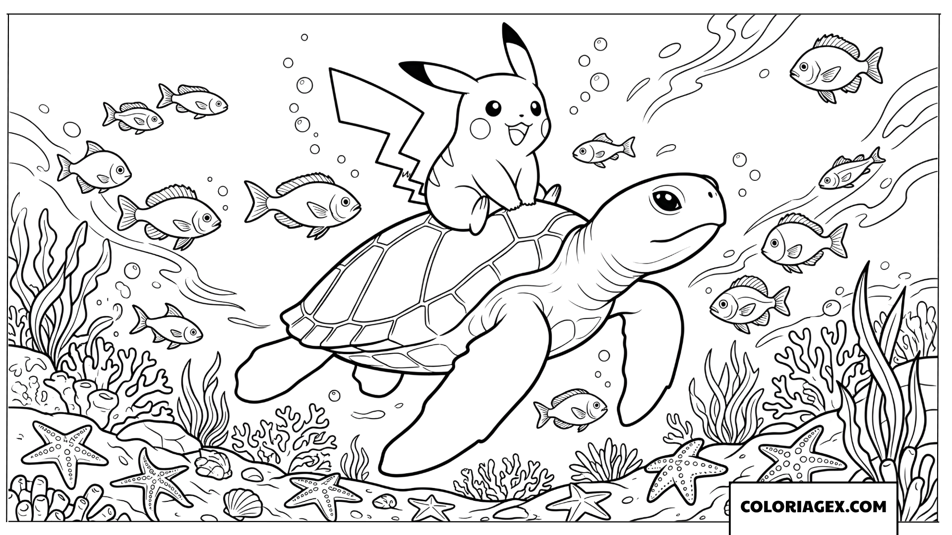 Dessin de Pikachu chevauchant une tortue de mer voyageant sous l'océan