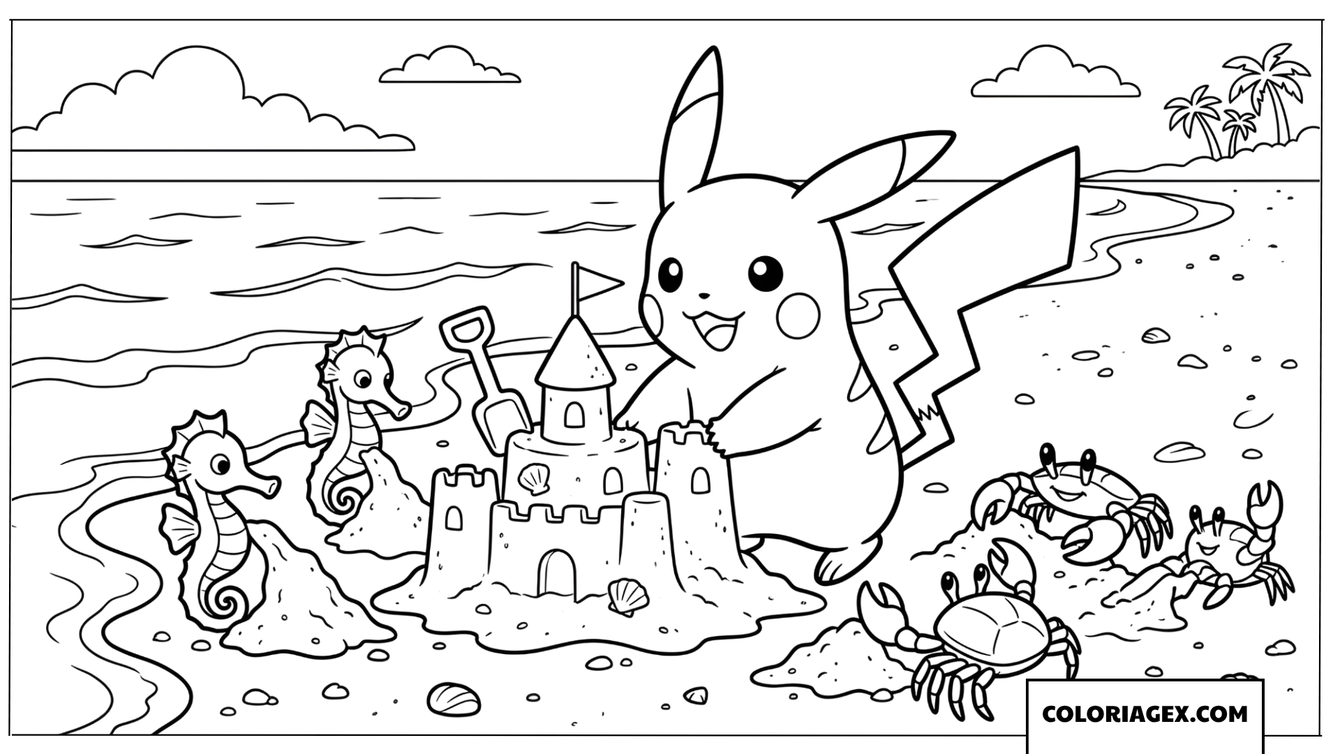 Dessin de Pikachu construisant un château de sable avec des hippocampes et des crabes