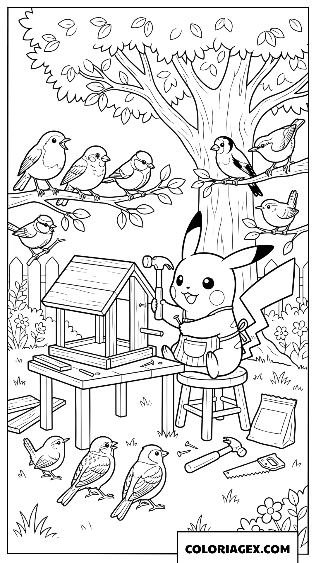 Dessin de Pikachu construisant une cabane à oiseaux dans le jardin