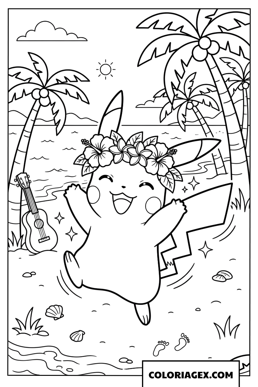 Dessin de Pikachu dansant sur la plage avec une couronne de fleurs tropicales