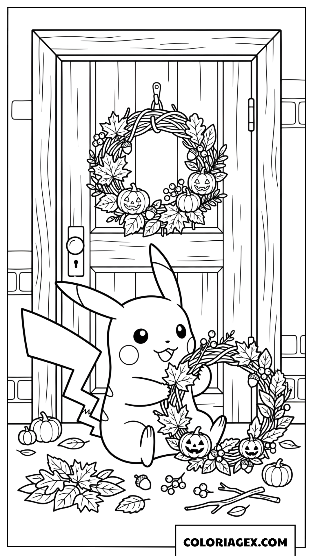Dessin de Pikachu décorant la porte avec une couronne d'automne