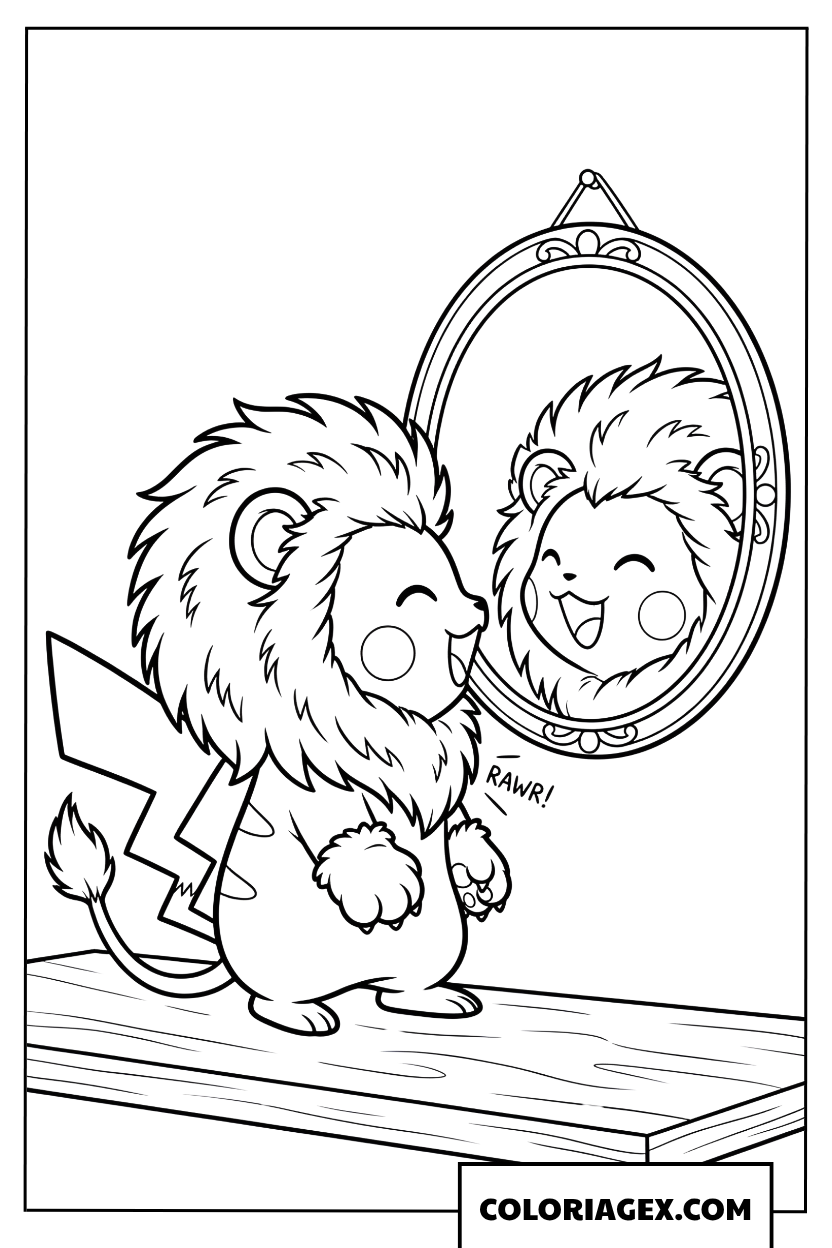 Dessin de Pikachu déguisé en lion devant un miroir