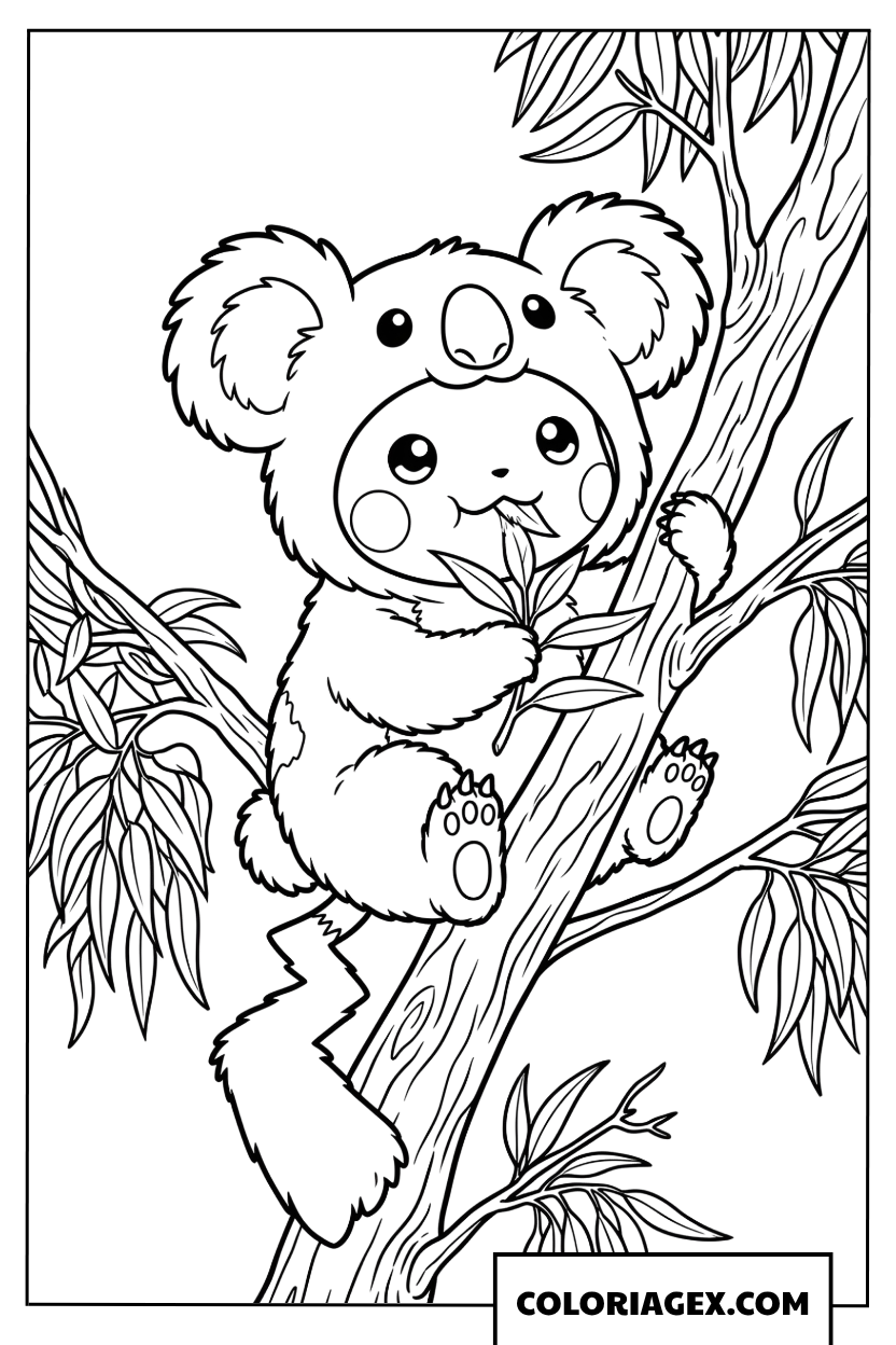 Dessin de Pikachu en costume de koala sur un arbre