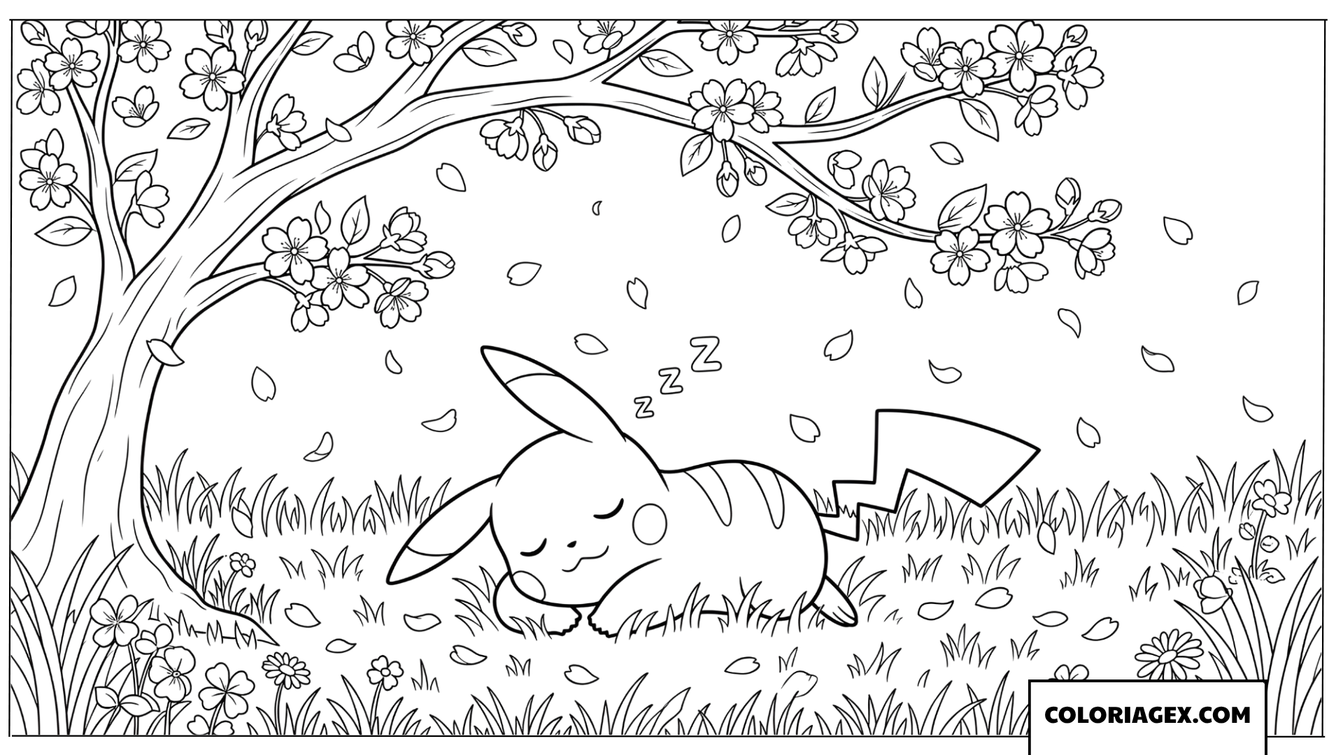 Dessin de Pikachu endormi paisiblement sous un cerisier en fleurs