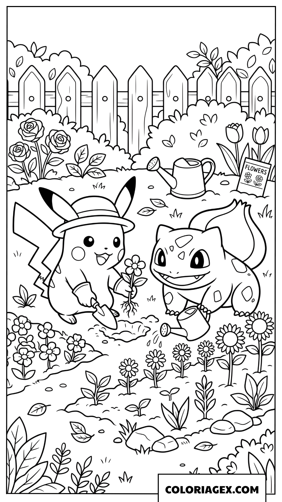 Dessin de Pikachu et Bulbizarre jardinant dans un beau jardin fleuri