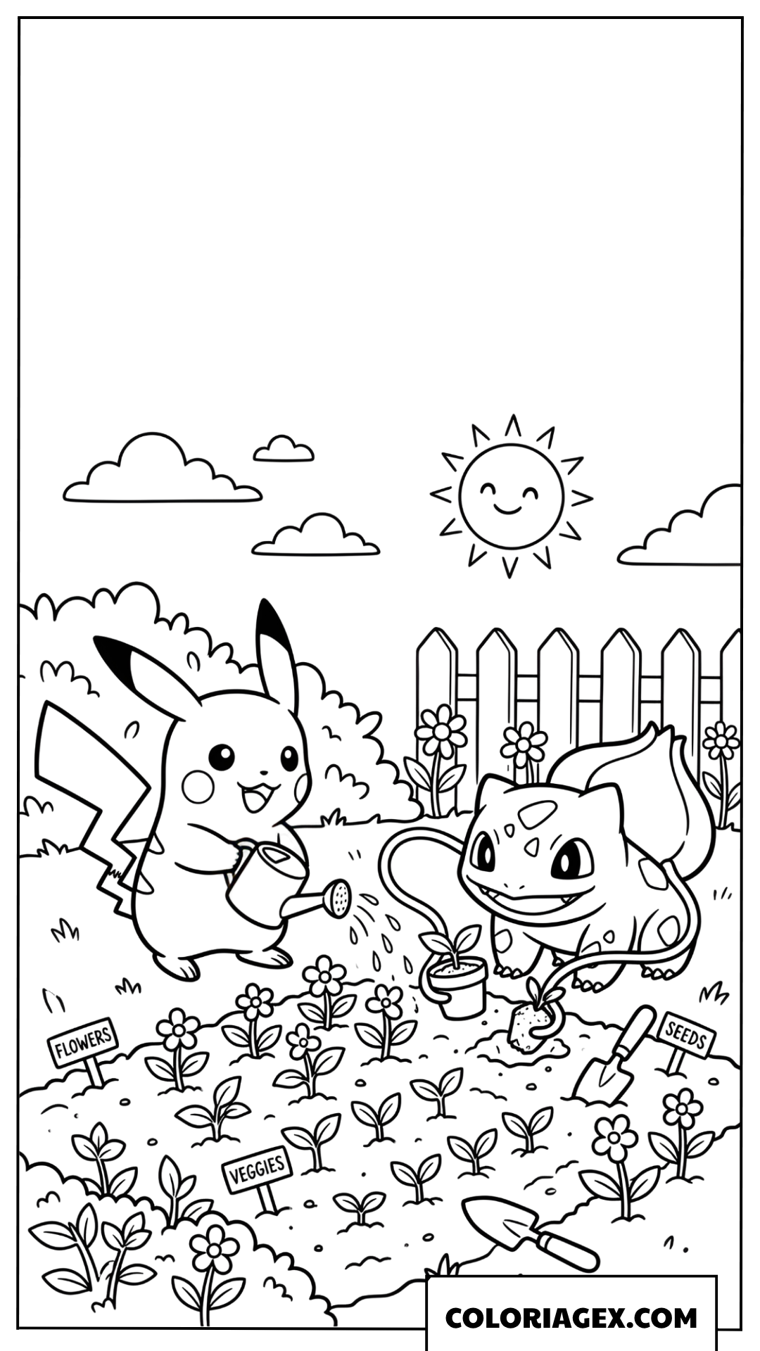 Dessin de Pikachu et Bulbizarre jardinant ensemble sous le soleil