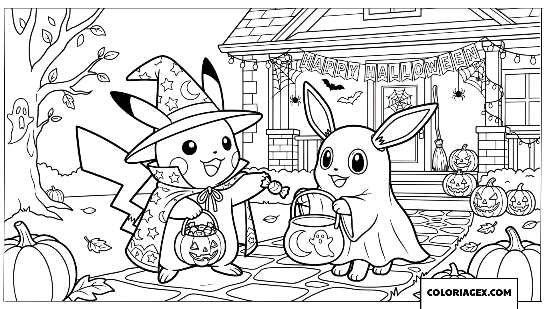 Dessin de Pikachu et Évoli devant une maison hantée pour Halloween