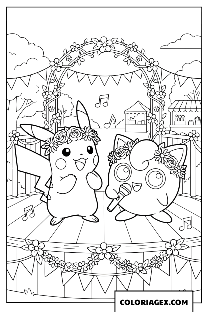 Dessin de Pikachu et Jigglypuff avec des couronnes de fleurs au festival