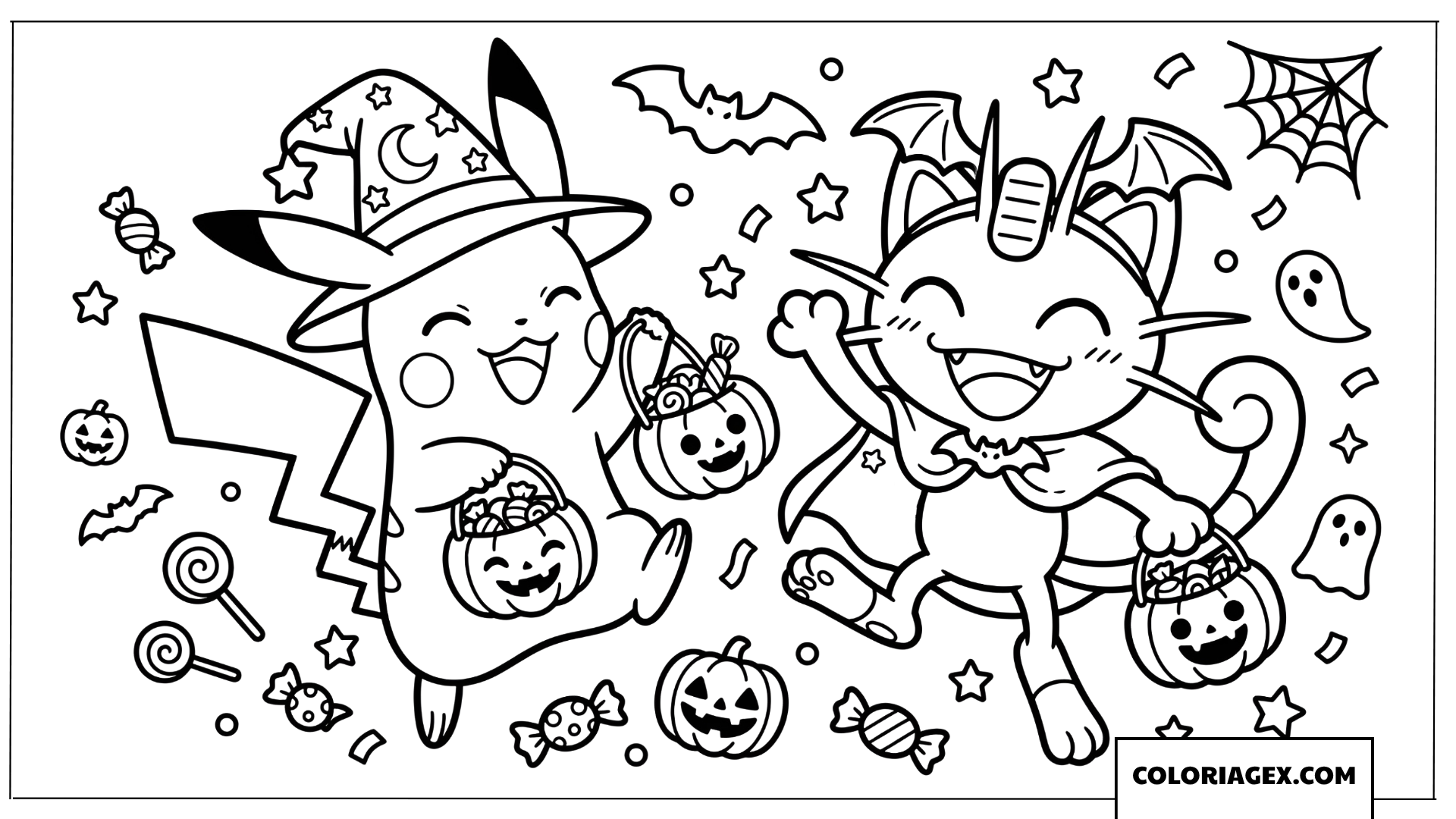 Dessin de Pikachu et Miaouss fêtant Halloween avec des bonbons
