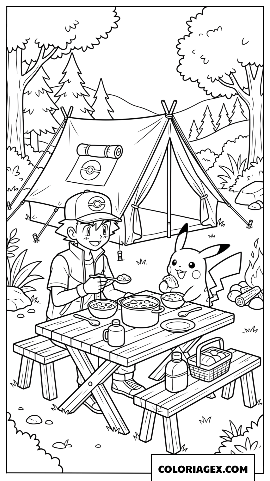 Dessin de Pikachu et Sacha dînant ensemble devant leur tente de camping