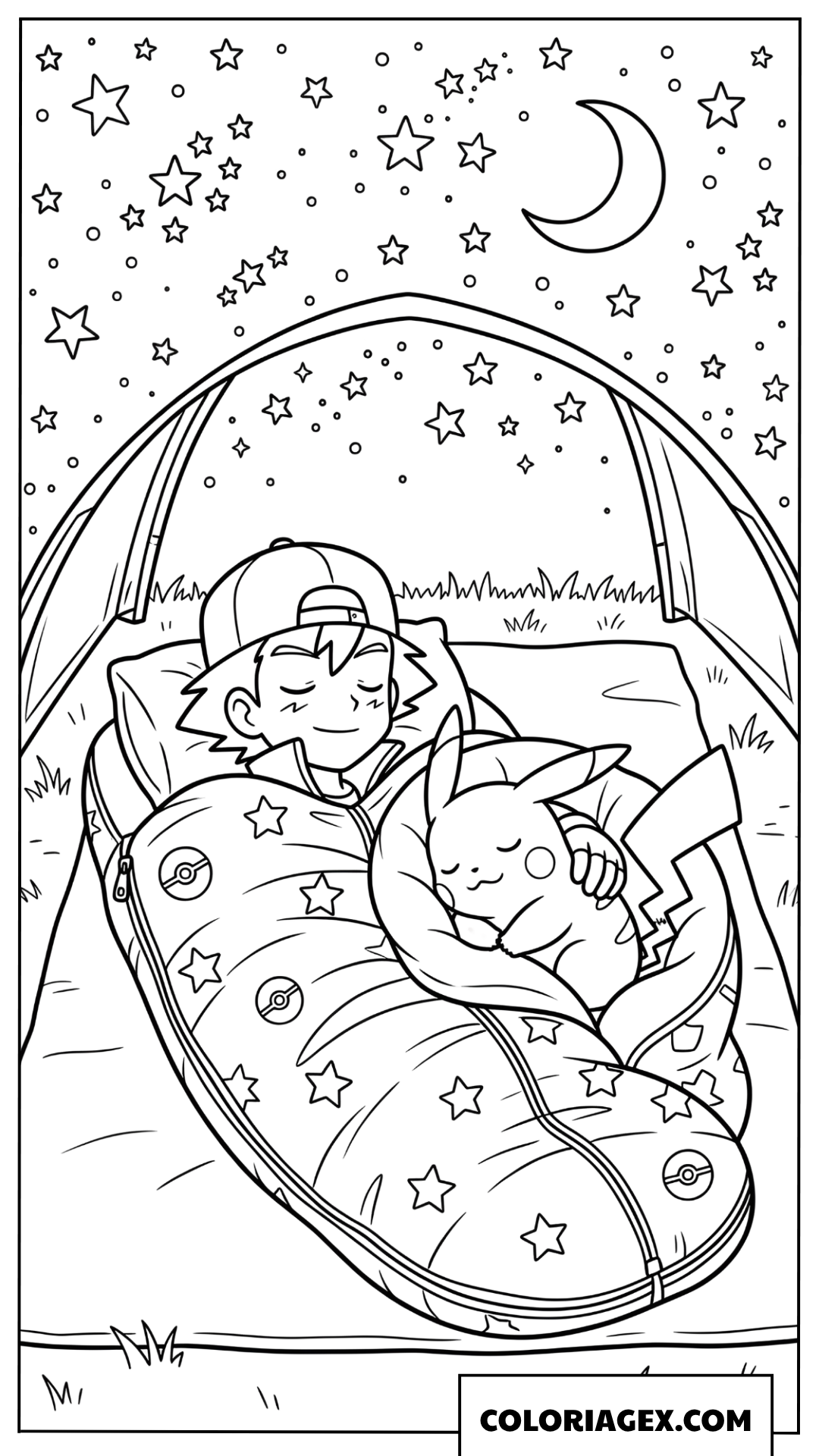 Dessin de Pikachu et Sacha dormant paisiblement sous les étoiles