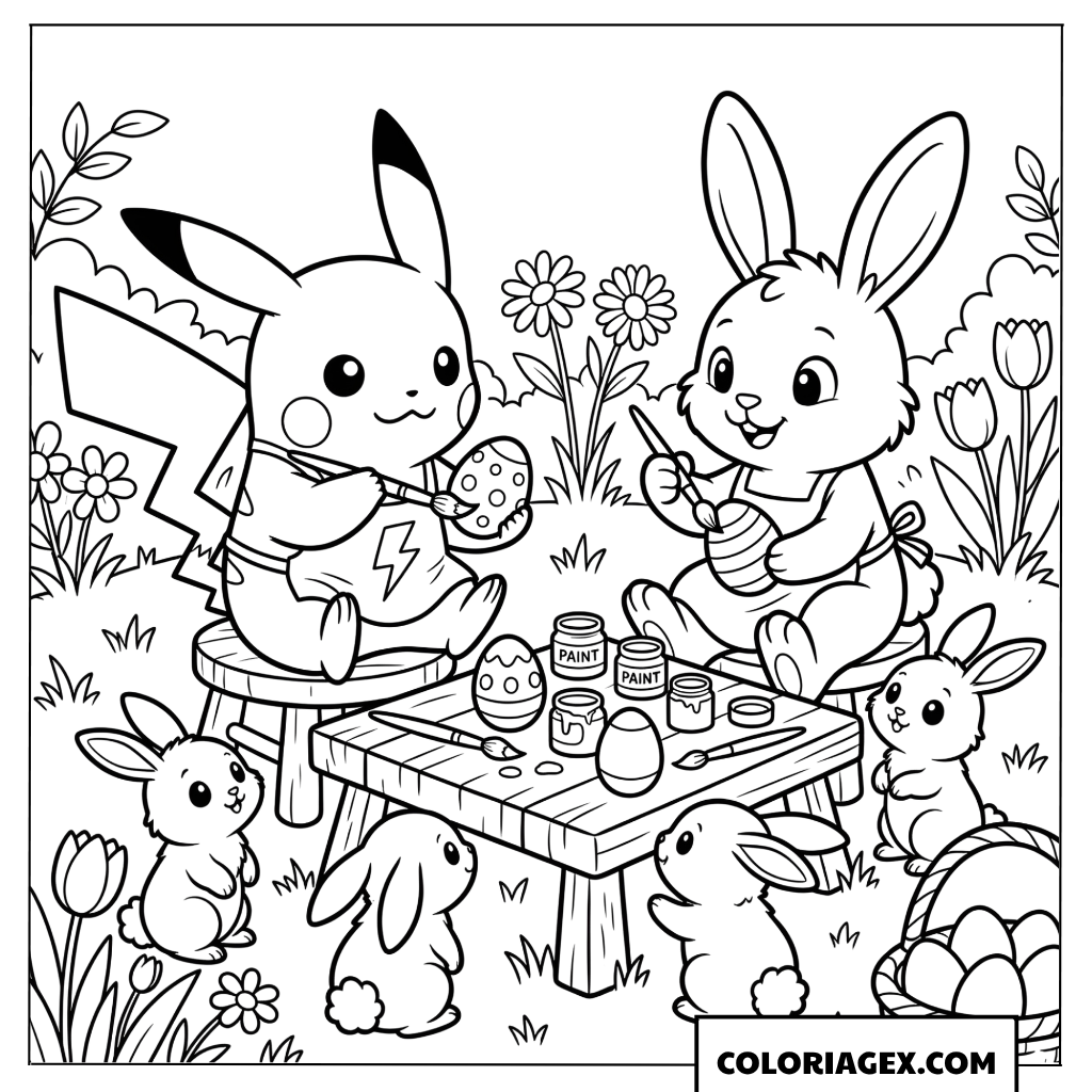 Dessin de Pikachu et un grand lapin peignant des œufs de Pâques