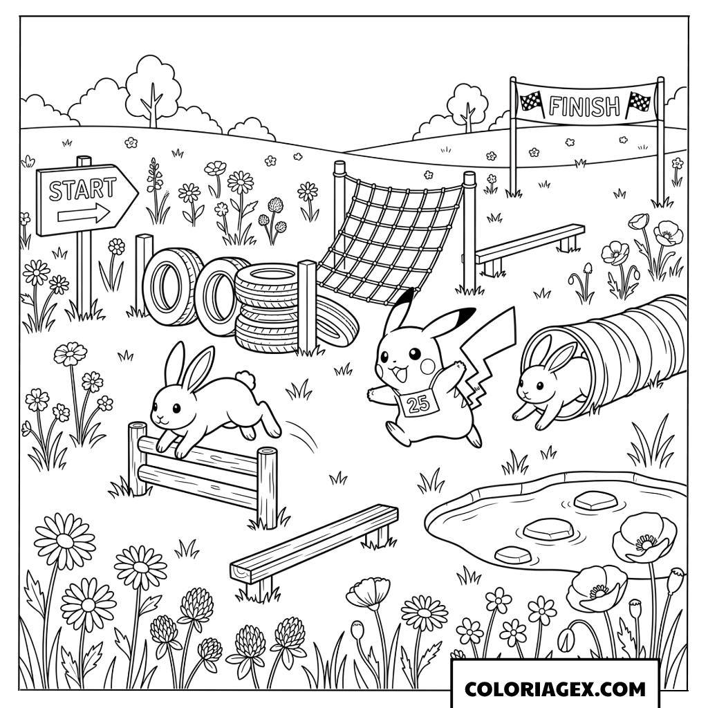 Dessin de Pikachu et un lapin participant à une course d'obstacles