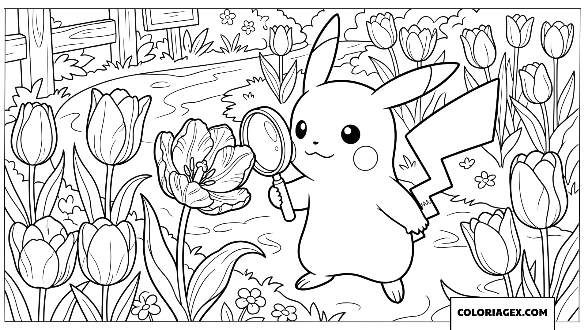 Dessin de Pikachu explorant un jardin de tulipes avec une loupe