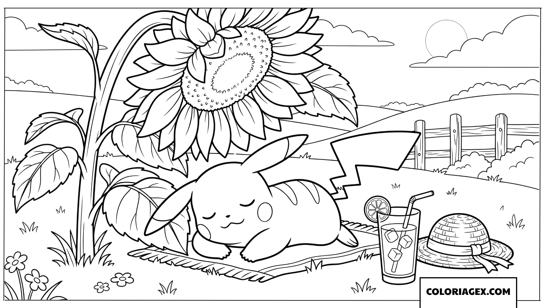 Dessin de Pikachu faisant une sieste sous un grand tournesol en été