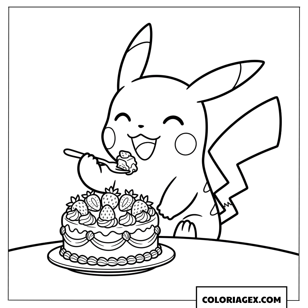 Dessin de Pikachu gourmand dégustant un délicieux gâteau aux fraises