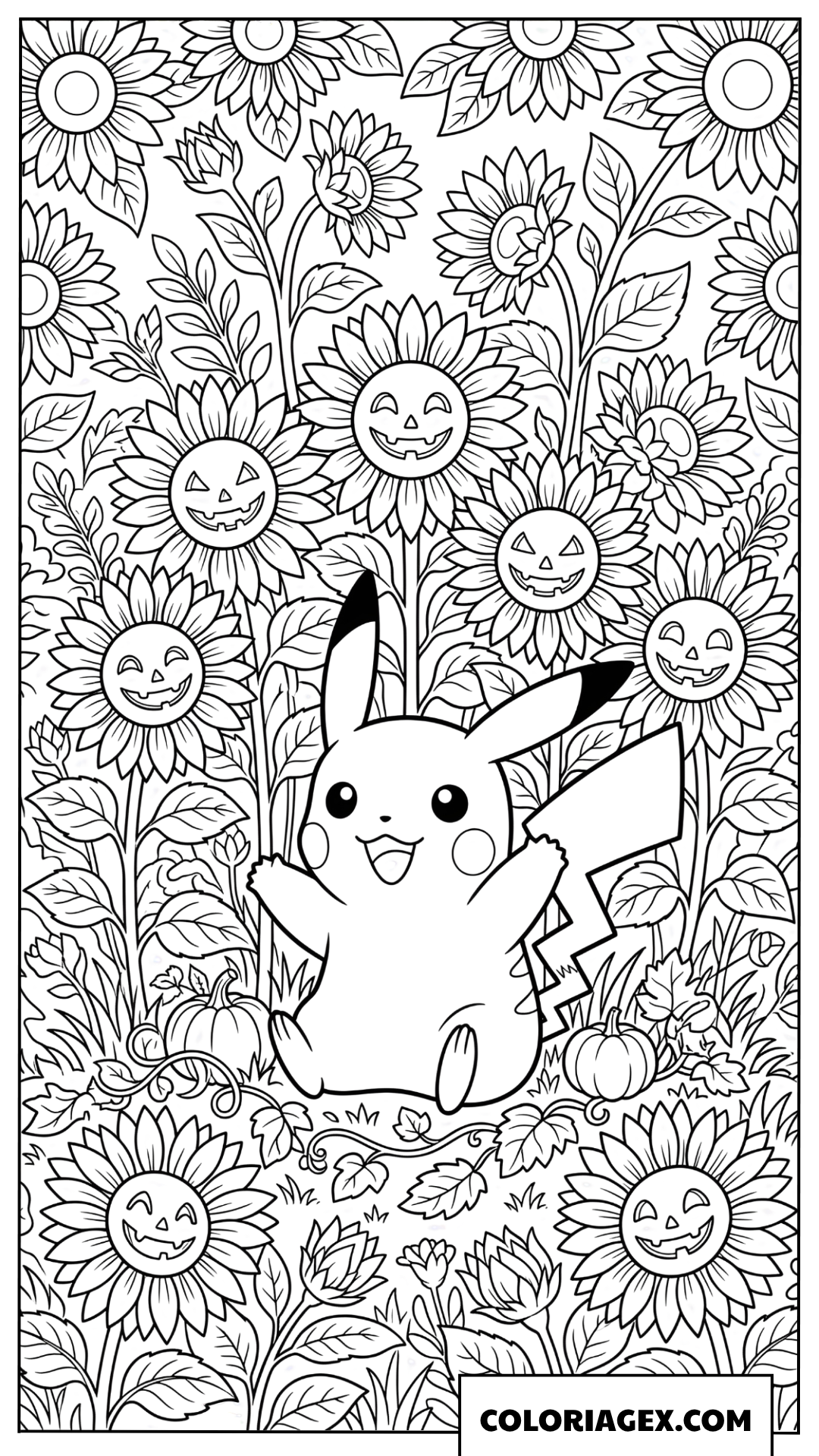 Dessin de Pikachu joyeux parmi les tournesols d'Halloween