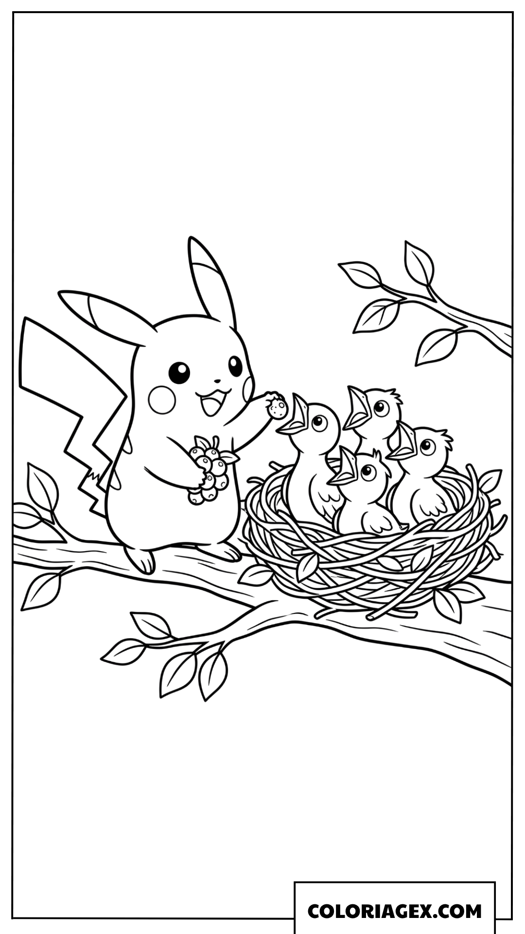 Dessin de Pikachu nourrissant des oisillons dans leur nid